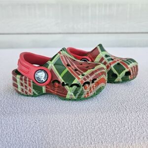 Crocs Baya Holiday Christmas Plaid Clogs Green Red Toddler SZ C4 Slip-On